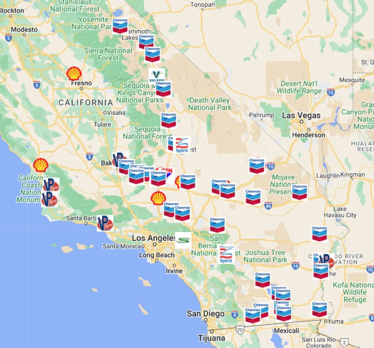 Map of RSI petrol stations throughout California.
